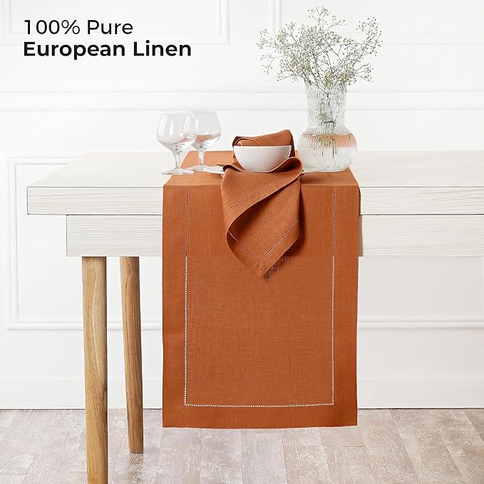 D'Moksha Homes Linen Rust Table Runner 90 Inches Long - Classic Hemstitch 100% Pure Linen Dining Table Runner 14 x 90 Inch for Spring, Easter