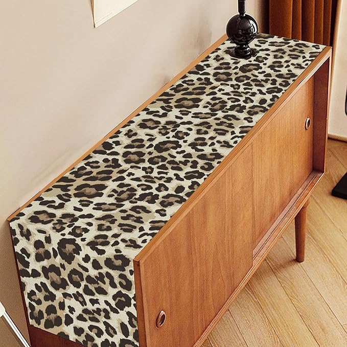 Leopard Print Table Runner, Animal Fur Print Western Style Table Runner Country Farmhouse Cottage Cow Pattern Linen Table Decoration for Home Kitchen Dining 13x72