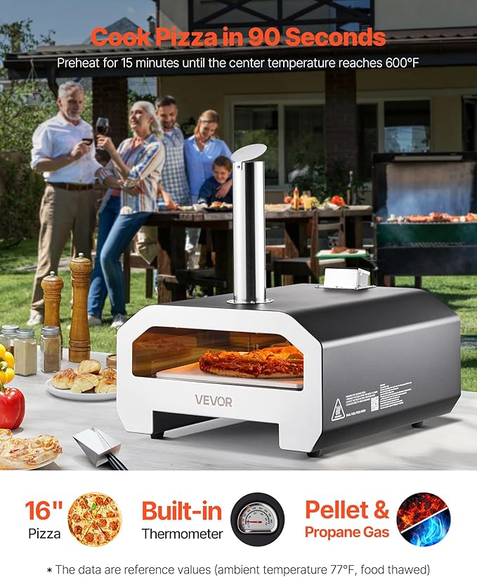 VEVOR Dual Fuel Pizza Oven Outdoor, 16 in Wood Fire & Propane Gas Pizza Oven, Portable Pellet & Propane Pizza-Maker with Thermometer, Large Multi Fuel Pizza Cook for Outside Camping & Backyard