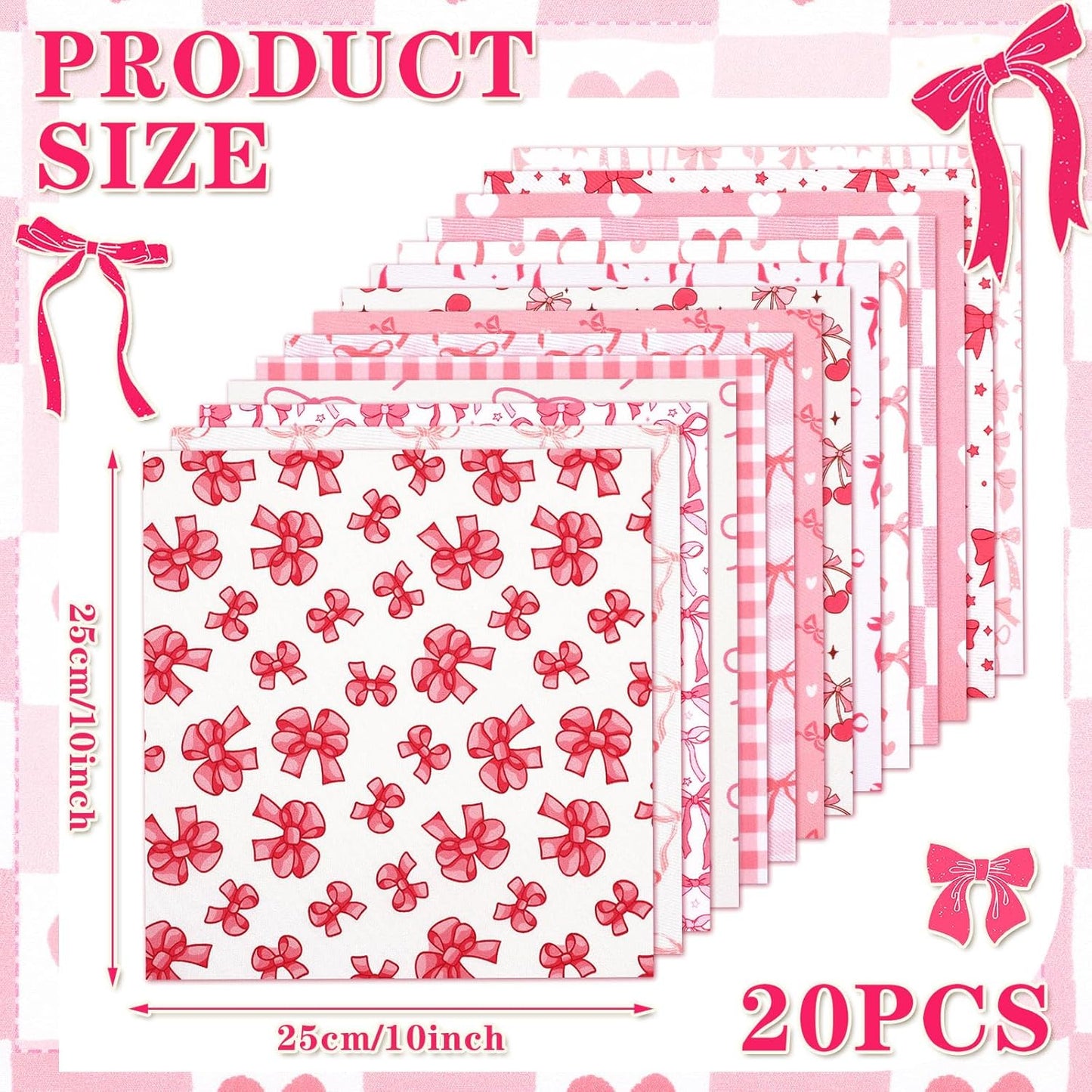 Ganeen 60 Pcs 10 x 10 Inch Pink Bows Quilting Fabric Squares Coquette Pink Bow Fat Patchwork Precut Strips Plaid Dot Heart Coquette Fabric Bundles for Holidays DIY Craft Sewing Handmade Material Gifts
