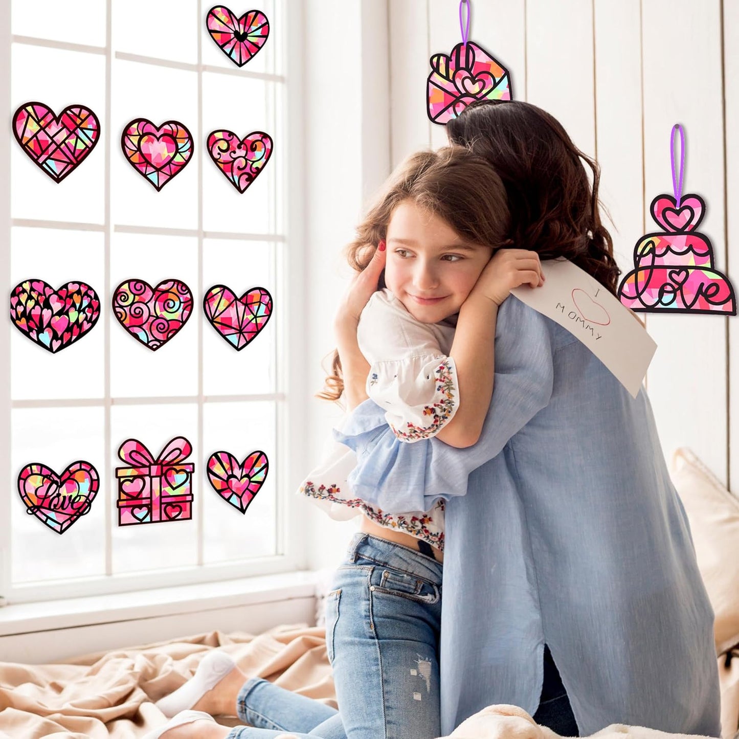 Renbuzhu 40PCS Valentines Day Crafts: Paper Heart Suncatchers, Valentine's Classroom DIY Kits, Window Stained Glass Effect Art Supplies