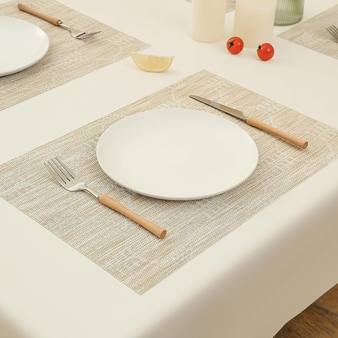 Leetaltree Wheat Placemats Set of 12 - Heat Resistant Non-Slip Place mats for Dining Table, Washable Durable PVC Vinyl Woven Table Mats（Wheat, 12）