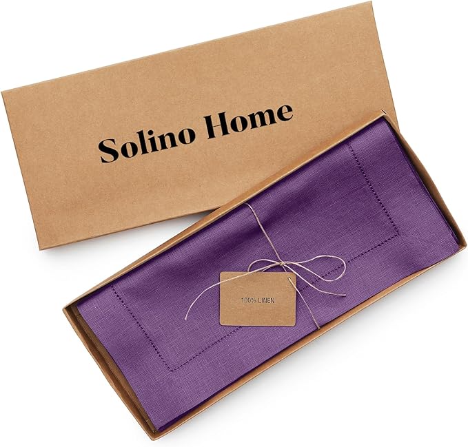 Solino Home Linen Purple Table Runner 72 Inches Long - 100% Pure Linen Hemstitch Table Runner 14 x 72 Inch for Dresser, Dining, Spring, Easter, Valentines - Classic Hemstitch