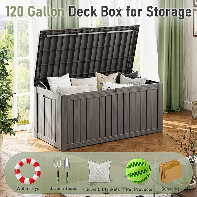 Outdoor Storage Box, 120 Gallon Deck Box, Resin Waterproof Outside Storage Bench, Outdoor Storage Cabinet With Lockable Lid, Backyard Deck Box For Garden Tools, Patio Cushions, Pool Accessories