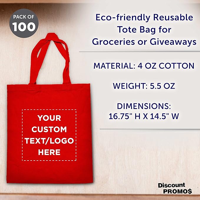 DISCOUNT PROMOS Custom Cotton Canvas Tote Bags Set of 100, Personalized Bulk Pack - Reusable, Great for Shopping, Grocery, Beach, Picnic, Wedding Favors - Red