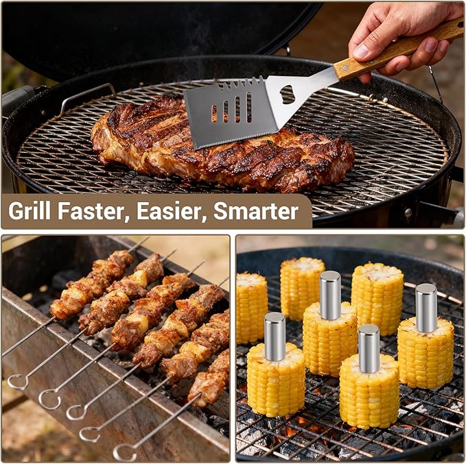18pcs Wooden Grill Tool Set, BBQ Accessories Heavy Duty Stainless Steel Grill Utensils Set with Carry Bag Spatula, Fork, Tongs & Cleaning Brush and More Grilling Gifts for Christmas Men, Father’s Day