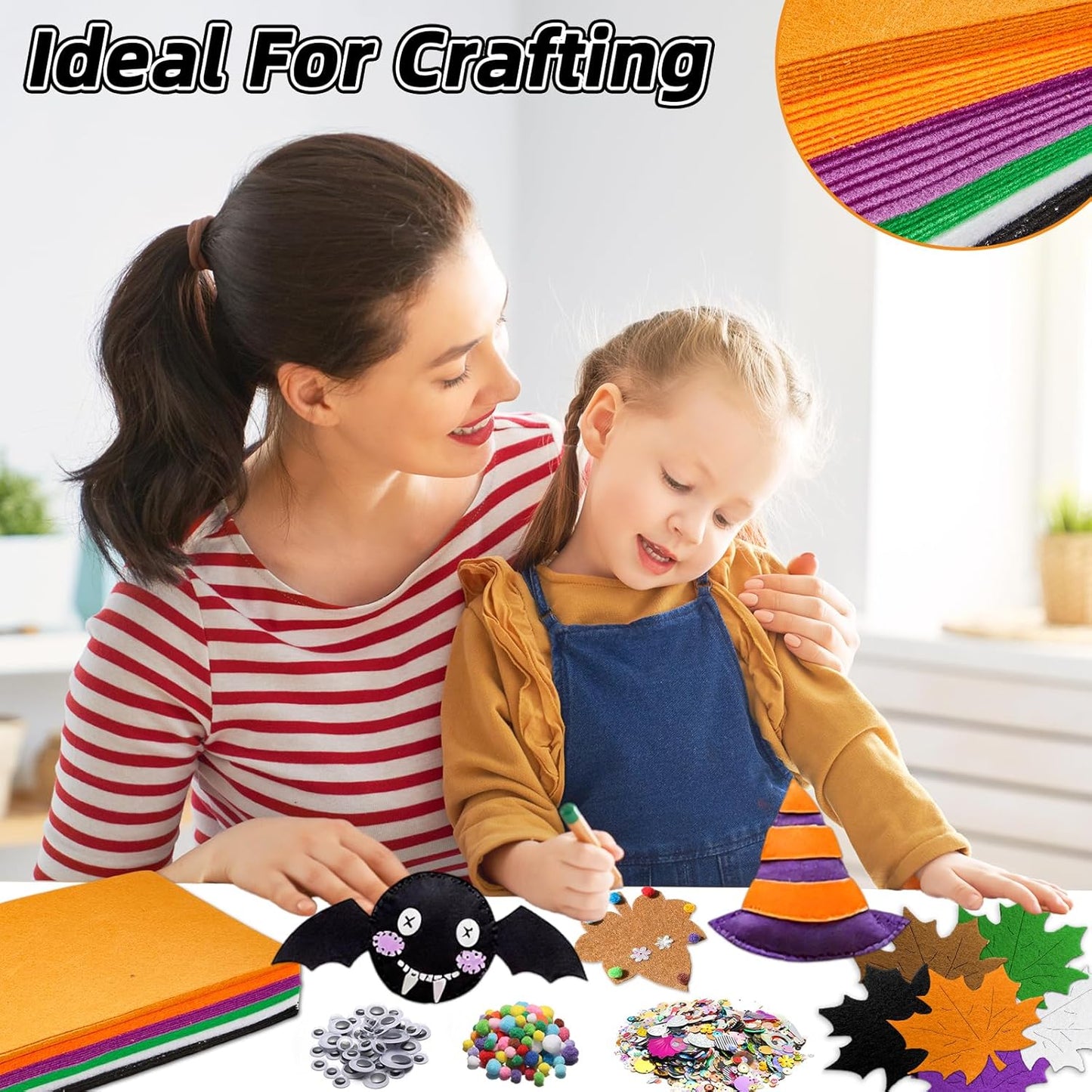 42Pcs Halloween Felt Fabric Sheets 8 x 12 Inch Black Purple Assorted Soft Thick Felt Pack with Wiggle Google Eyes Pom Poms Glitter Patchwork for Halloween DlY Sewing Creative Art Project Decor