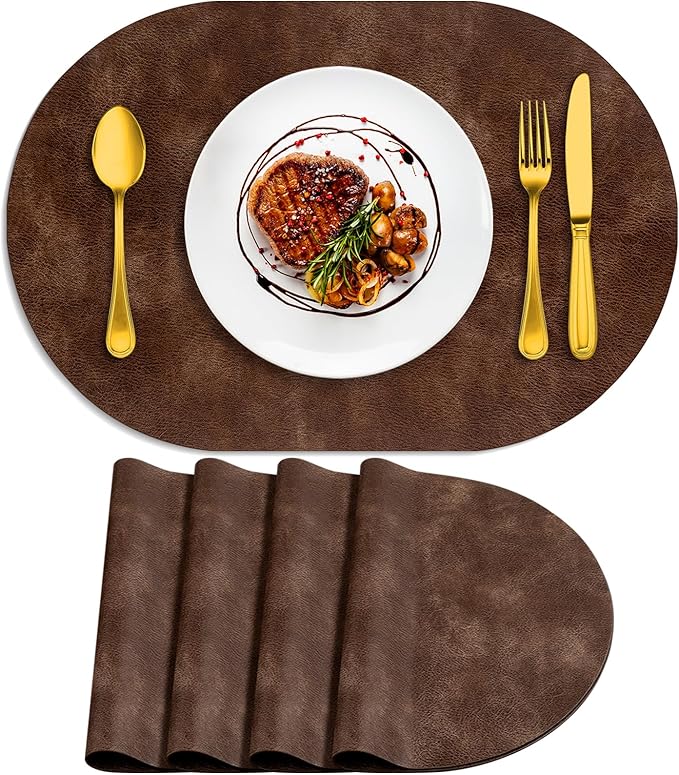 ADRIMER Placemats, Heat Resistant Oval Placemats Set of 4 Washable 12 x 17 Inch, Waterproof Table Mats, Wipeable Pu Place Mats for Kitchen, Dining Room, Brown