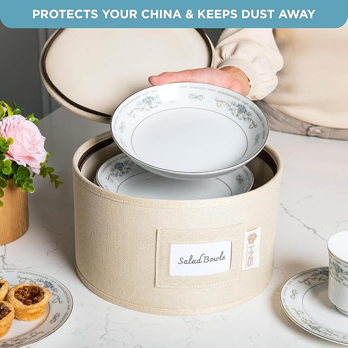 China Storage Hard Shell Containers 12-Piece Set Moving Boxes for Dinnerware, Glasses, Plates, Mugs and Saucers Sturdy Dish Organizer with Dividers for Seasonal Storage - Service for 12 - Beige