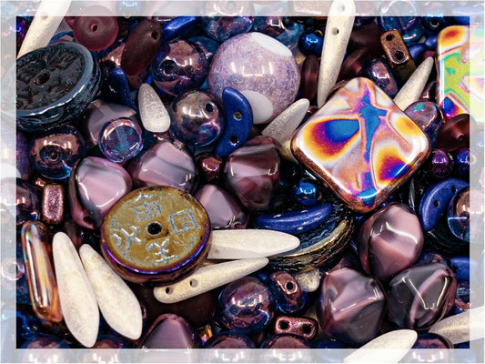 1.4oz (40g) Limited Mix of Czech Glass Beads Table Cut, Matte and Glossy, Faceted Fire Polish, Hand Made Set Kit, Beige Violet Purple