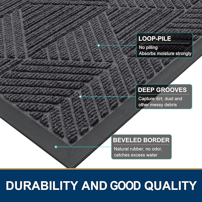 Smiry Front Door Mat Outside Entrance, Heavy Duty Sturdy Natural Rubber Doormat, Trap Dirt and Moisture, Easy Clean Low Profile Mats for Indoor Outdoor Entry, Irregular Triangle (29.5x17, Medium Grey)