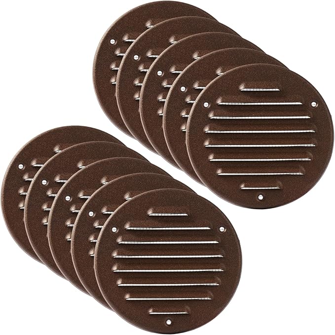 Vent Systems - 4 Inch (Inner) Pack of 10 Brown Metal Round Soffit Air Vent Grille Cover, Register air Vent Deflector, Louver - Built-in Mesh - HVAC for Bathroom, Home Office, Kitchen 5 Inch (Outer)