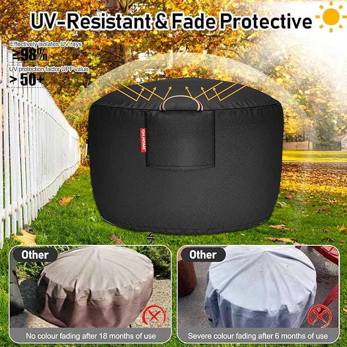 [2025 Upgraded 900D Fabric] Fire Pit Cover Round for 33-36 inch Fire Pit, 900D Heavy Duty Waterproof Fabric with Air Vent, Handle & Tightening Drawstring, 36" Dia x 20" H -Black