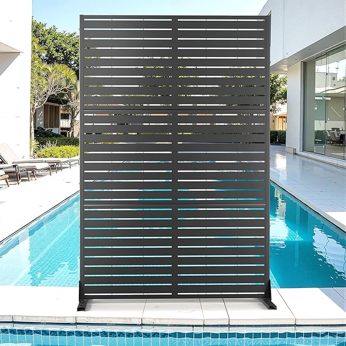 Metal Privacy Screen for Outdoor & Indoor Use, Free Standing Privacy Screen for Patio Garden Pool, 72" H x 47" W Decoative Privacy Panels, Weather Resistant, Easy Assembly (Black Louvered)