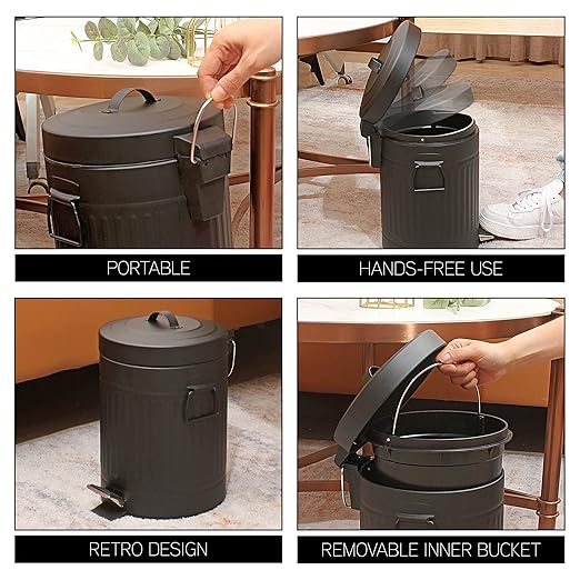 SIMPLEMADE Round Step Trash Can, Stainless Steel with Lid, Small Metal Wastebasket/Garbage Can for Bathroom, Office, Black, 5 Liter / 1.3 Gallon -