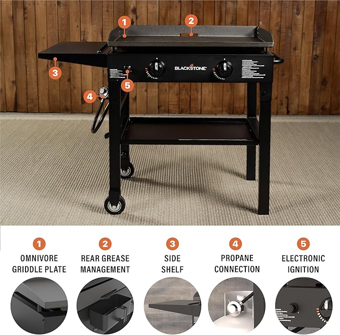 Blackstone Flat Top Gas Grill Griddle 2 Burner Propane Fuelled Rear Grease Management System, 1517, Outdoor Griddle Station for Camping, 28 inch