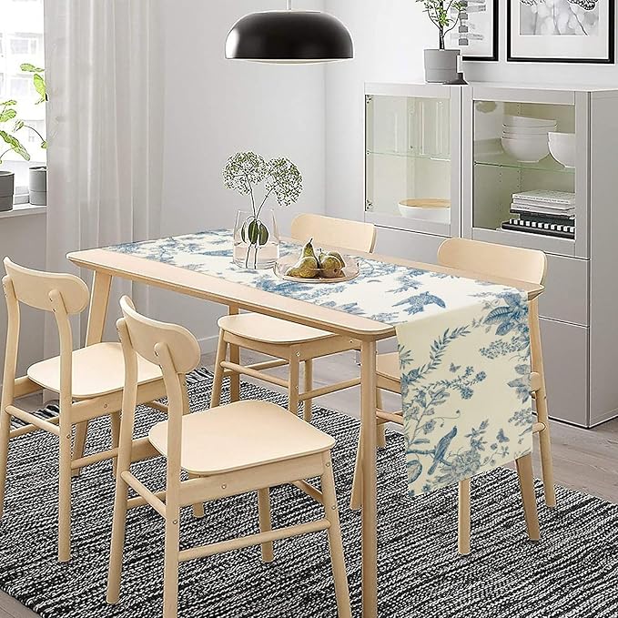 Spring Flower Table Runner, Farmhouse Vintage Blue White Floral Bird Print Table Runner for Kitchen Dining Table Party Wedding Decor, 13x36inch