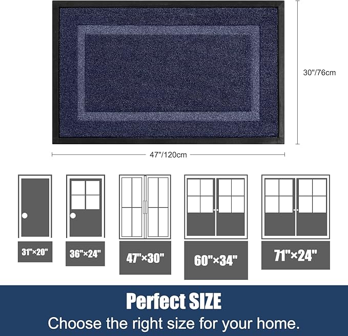 Large Front Door Mat Outside Entrance Indoor Doormat, 47" x 30" Outdoor Mats for Patio Waterproof, Outdoor Door Mats for Outside Entry, Indoor Rugs for Entryway, Sturdy Natural Rubber Entry Mat, Blue