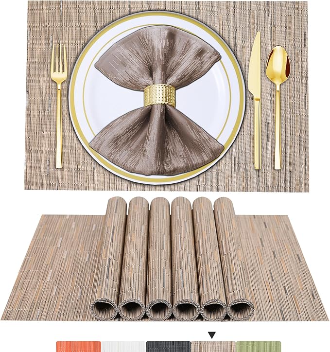 BETEAM Placemats Set of 6, Woven Vinyl Placemat for Dining Table Washable Wipeable Kitchen Place Mats Durable Indoor Outdoor Table Mats