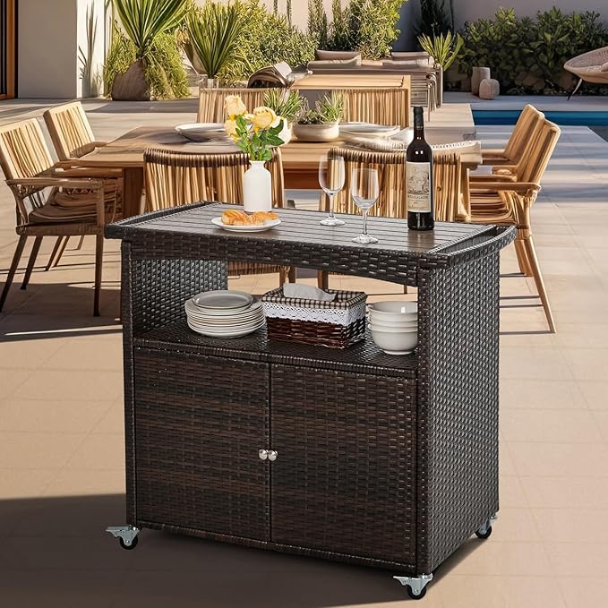 Outdoor Bar Cart with Storage Cabinet Patio Wicker Sideboard Buffet Cabinet Prep Table Outside Kitchen Serving Cart with Rolling Wheels & Handle Rattan Portable Bar Table with Shelves Doors Brown