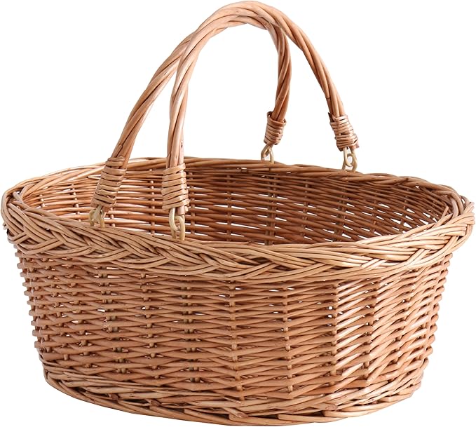 Handwoven Wicker Picnic Basket with Handles, Natural Brown, Shopping Basket - Large