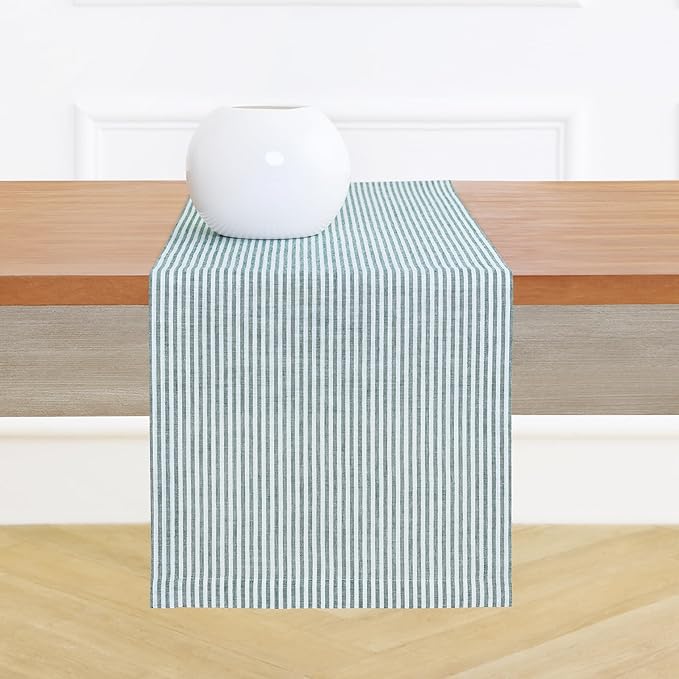 Solino Home Linen Striped Table Runner 108 Inches Long - Narrow Stripe 100% Pure Linen Rainforest and White Dining Table Runner 14 x 108 Inch for St Patricks Day
