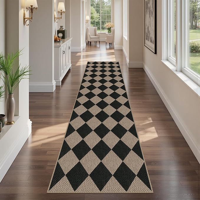 Easy Jute Checkered Runner Rug, 2.6x10 Black Modern Washable Rugs Runner for Hallway Non-Slip Kitchen Runner Rug, Geometric Diamond Indoor Outdoor Carpet for Porch Laundry Entryway
