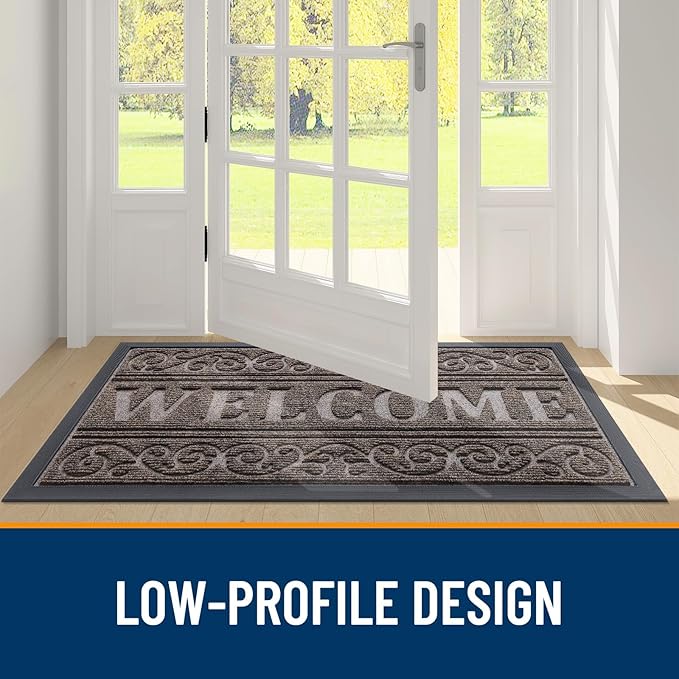 OLANLY Welcome Door Mat Indoor Outdoor Entrance, Heavy Duty Sturdy Front Door Mat, Waterproof All-Weather Doormat, Stain Resistant, Low Profile, Easy Clean Patio Entryway Mat, 59 x 35, Medium Brown