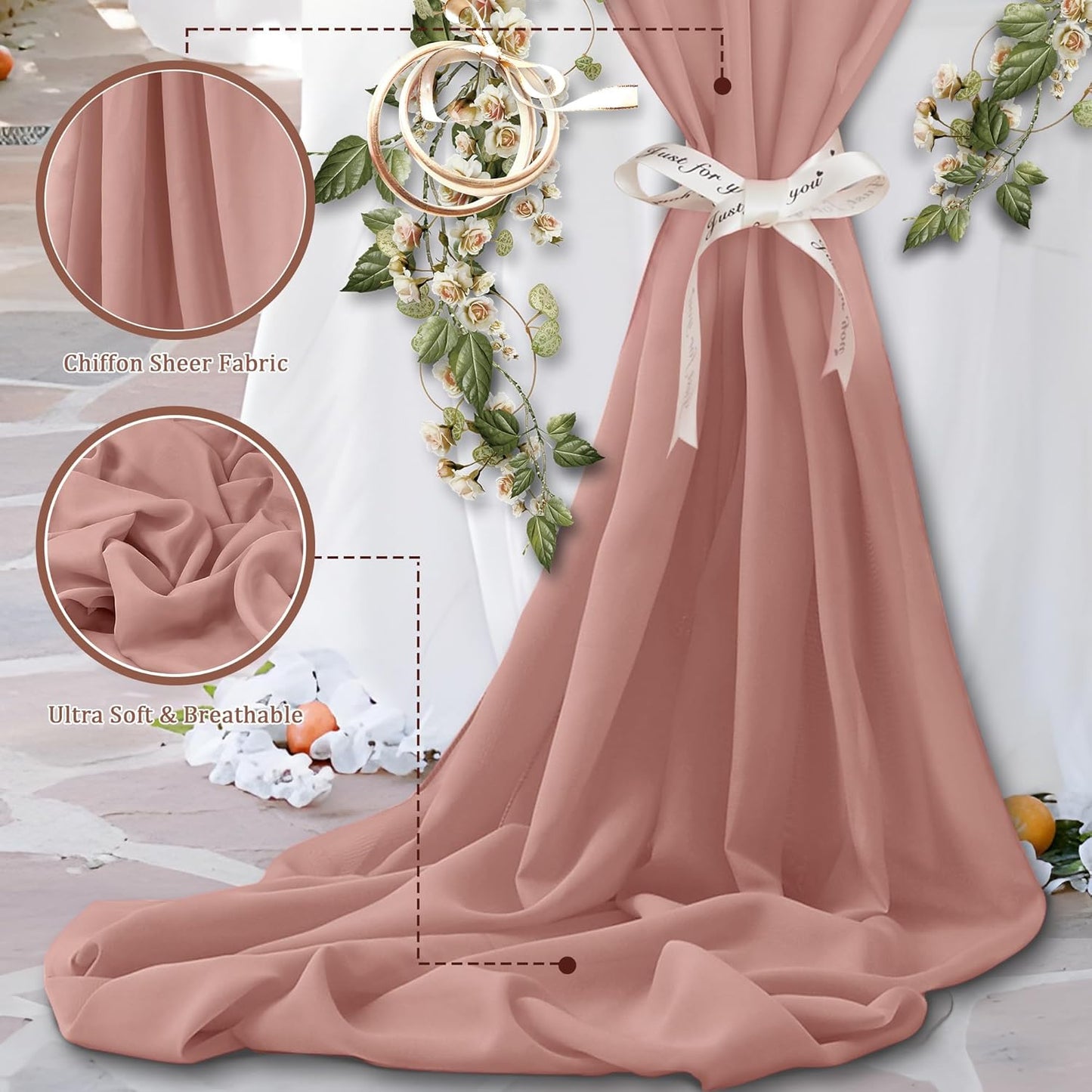 Horbaunal Dusty Rose Chiffon Fabric by The Yard, 1 Yard Continuous Sheer Fabric 59" Wide Soft Draping Fabric for Wedding Arch Draping Party Backdrop DIY Sewing