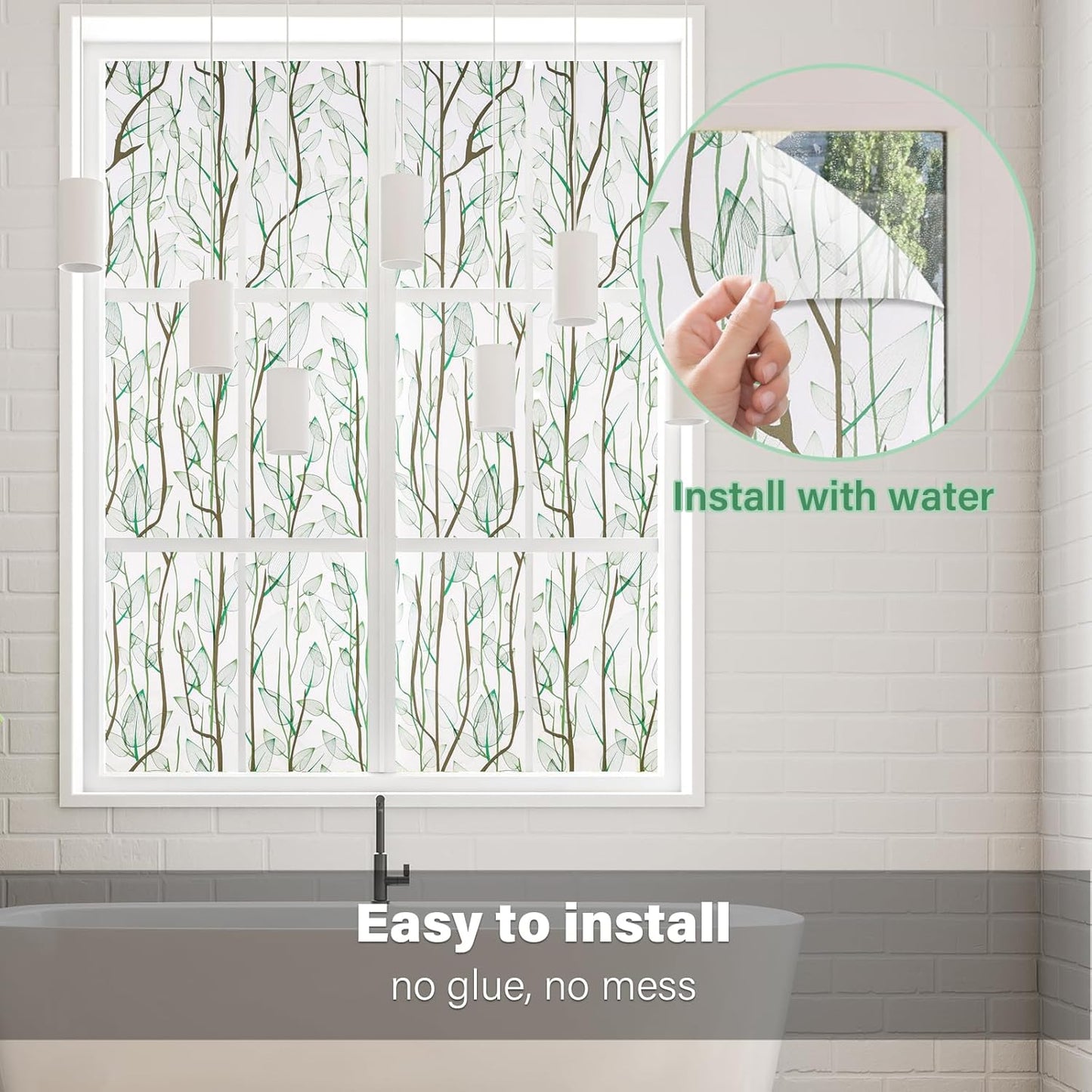 Donox Frosted Glass Window Film Heat Control UV Blocking, Static Cling Reusable Home Bathroom Door Window Privacy Film, Green Leaf Pattern Window Covering with Installation Tool, 35.4 in x 6.5 feet