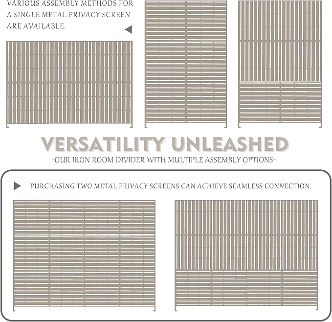 Kozyard Metal Privacy Screen 74" H x 47.2" W Decorative Outdoor Divider with Stand Panels Freestanding Screen Set for Deck Patio Balcony Garden Outdoor&Indoor (Beige/Horizontal Slat)