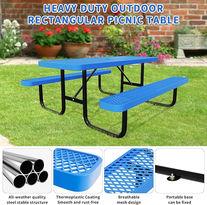 6FT Picnic Tables for Outdoors, Rectangular Commercial Metal Picnic Table Bench Set with Umbrella Hole,Heavy Duty Steel Weather-Resistant Dining Table for Patio Dining Garden Backyard BBQ School