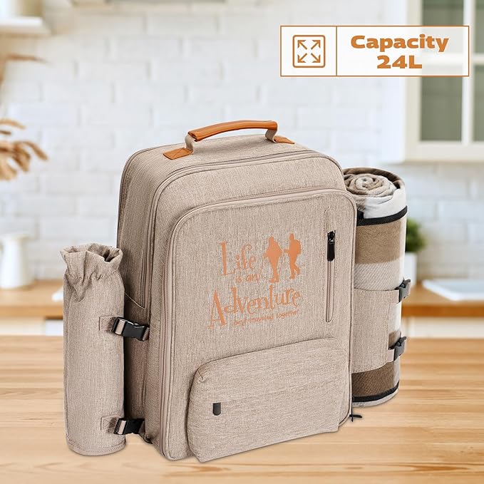 24L Insulated Picnic Basket Leak Proof Picnic Backpack for 2, Light Brown Camping Gifts, Cool Bridal Shower Gifts for Bride & Groom, Mr & Mrs, Anniversary Engagement Wedding for Newly Engaged Couples