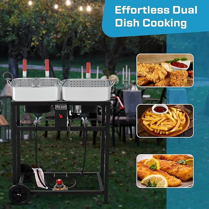 Deep Fryer with Double Burner Propane Stove Outdoor, 2×18QT Aluminum Pots & Frying Baskets, 100,000 BTU High-Power, Fish Fryer for Wings, Fries, Cajun Fry