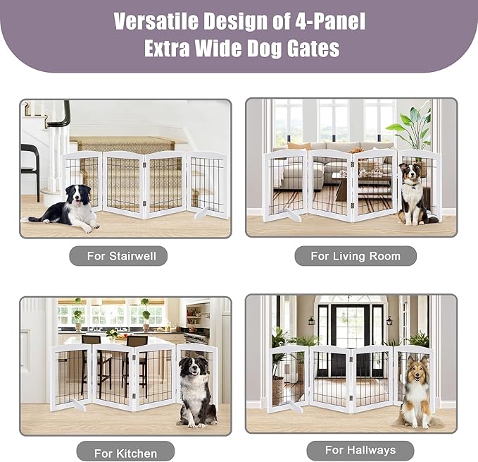 LZRS 4-Panel Freestanding Wooden Dog Gate—Extra Wide 30” Tall Foldable Pet Barrier with Support Feet, Solid Hardwood & Steel Wire Chew-Resistant Safety Gate for Doorways, Hallways, and Stairs, White