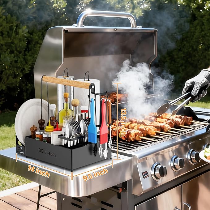 Grill Caddy, BBQ for Outdoor Grill with 2 Paper Towel Holders, Picnic BBQ Condiment Utensil Organizer Caddy for Outdoor Cooking, Rv, Camping Essential, Camper Must Haves,Gifts for Men