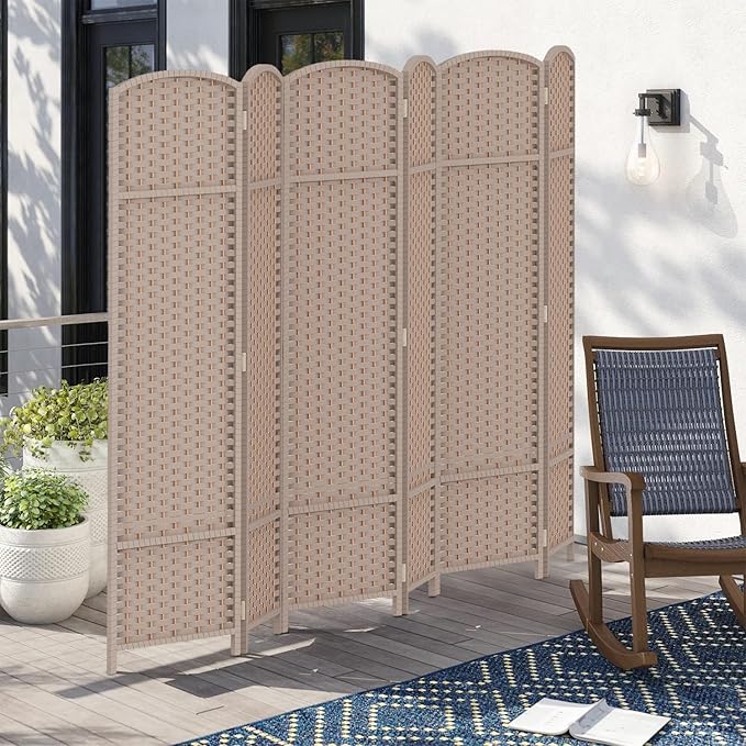 Room Divider 6 Panel Screen 5.6 Ft Tall Partition Room Dividers Beige Privacy Screens Folding Room Separation Free Standing Waterproof Wood Frame Wall Divider