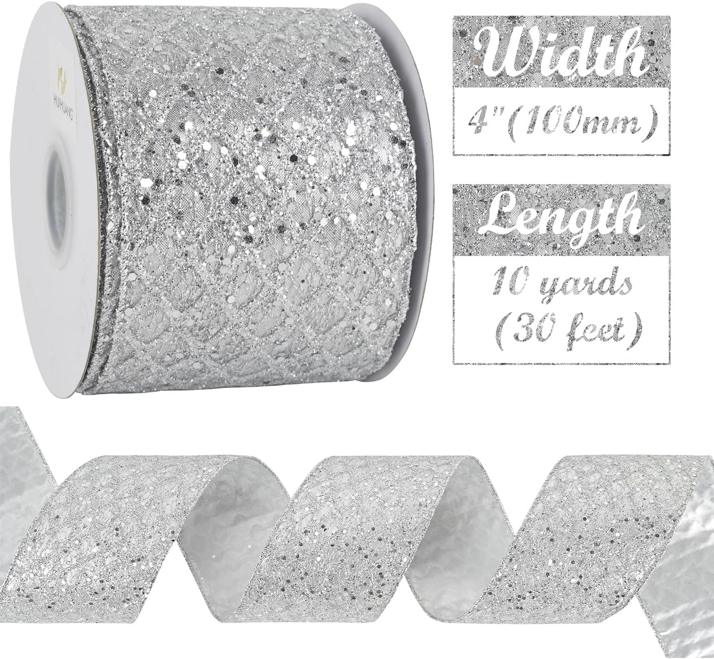HUIHUANG Silver Christmas Ribbon 4 inch Silver Glitter Wired Ribbon Diamond Mesh Wire Ribbon for X-mas Tree Decorations, Wreaths, Garland, Large Bows Making, Home Decor -10 Yards
