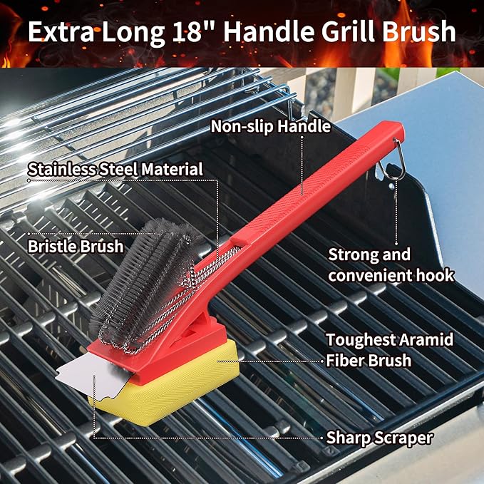 BBQ Grill Brush with Scraper-Removable BBQ Clearning Brush Head with Wire Bristles Brush & 2 Steam Brush-Red Grill Cleaner Brush Accessories for Gas/Charcoal Grilling Grates-Gifts for Grill Men