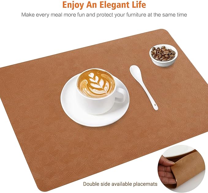 Vinyl Placemats Set of 4 Heat Resistant Easy Clean Non-Slip Place Mats for Dining Table. Faux Leather Waterproof Stain Resistant Wipeable Washable PU Table Mats(4, Light Brown)