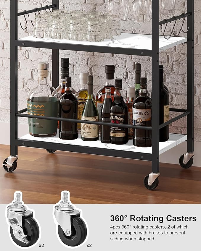 TUTOTAK Bar Cart, Home Bar Serving Cart, Microwave Cart, Drink Cart, Mobile Kitchen Shelf with Wine Rack and Glass Holder, Rolling Beverage Cart for Living Room, Kitchen BC01BM032