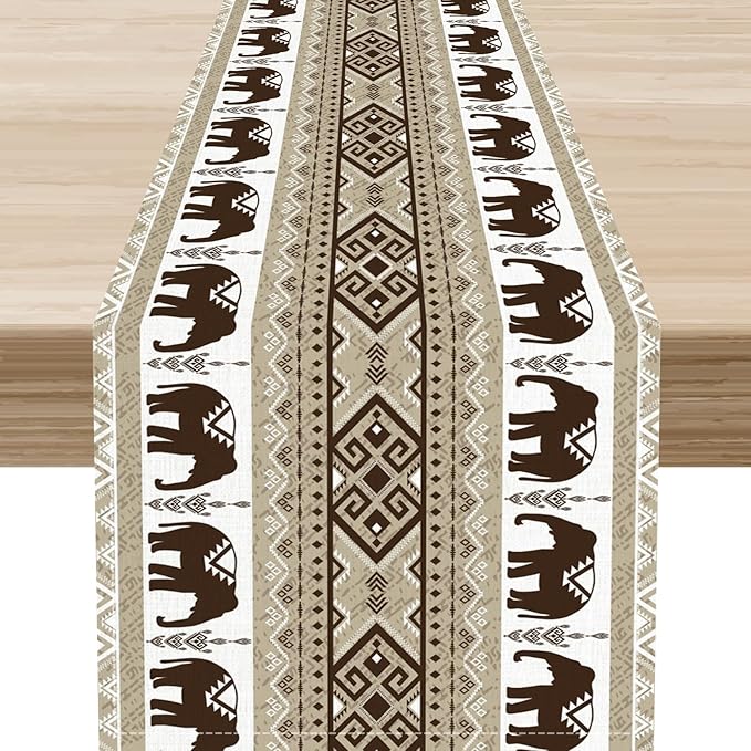 African Tribal Table Runner, Rustic Boho Elephants Diwali India Aztec Bohemian Animal Brown Ethnic Folk Coffee Table Center Decor for Home Kitchen Holiday Party Outdoor Table Decorations, 13"x72"