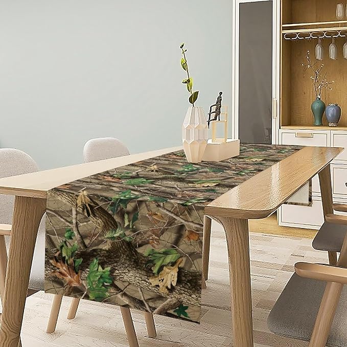 Forest Camouflage Table Runner, Camo Conifer Oak Branches Mossy Hunting Lodge Camp Cabin Table Runner for Kitchen Dining Room Party Camping 13x70in