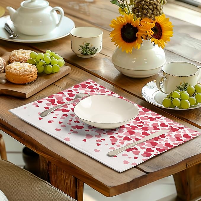 Valentine's Day Pink Love Heart Placemats Set of 4 Valentine Dining Place Mat Heat Resistant Washable Wedding Anniversary Rectangle Table Mat for Outdoor Kitchen Home Party 12x18 Inch