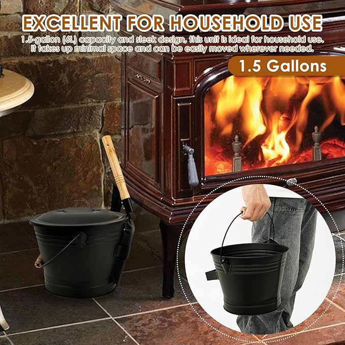 1.5 Gallon Ash Bucket with Lid and Shovel Broom Metal, Fireplace Ash Bucket, Complete Fireplace Tools Set for Fire Pit Grill Black(3 Pcs Set)