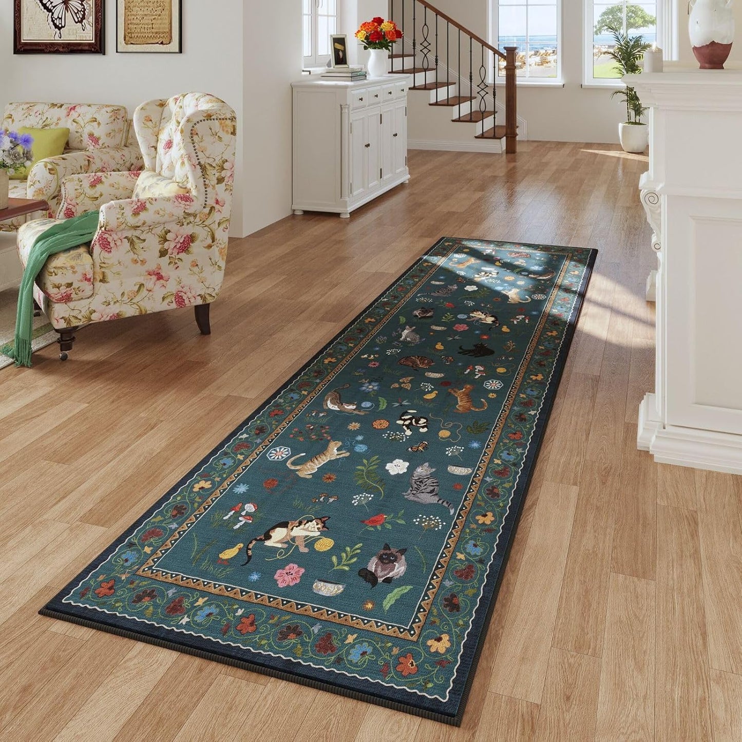 Rugcomf Runner Rug for Kitchen Non Slip 2'x6' Washable Rugs with Rubber Backing Soft Floral Animal Cat Carpet Runner for Kitchen Laundry Bedroom Bathroom, Pearl Gentian Blue