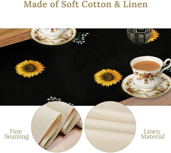Sunflower Table Runner,Spring Summer Watercolor Floral Plants Leaves Print Table Runner for Kitchen Dining Table Home Holiday Party Indoor Outdoor Decor 13x60in
