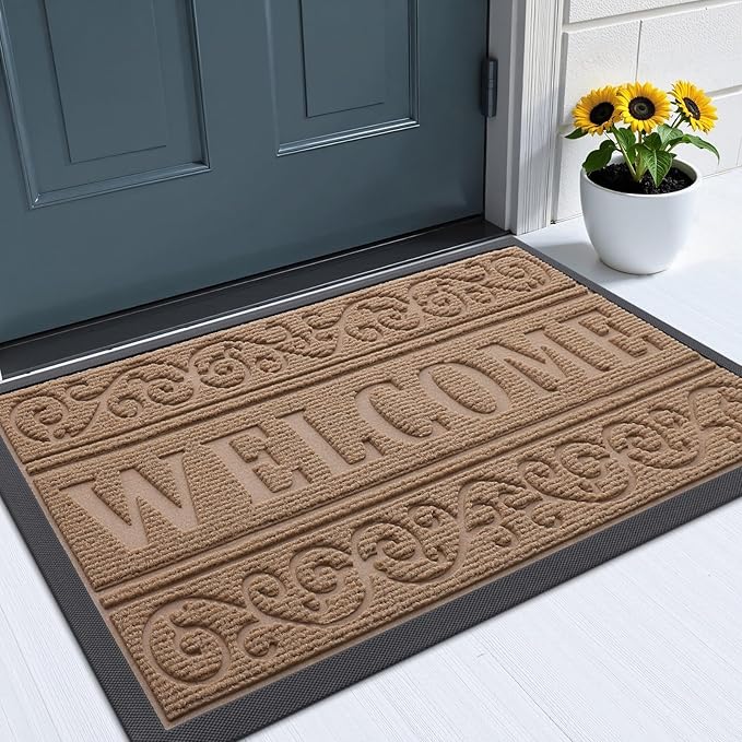 OLANLY Welcome Door Mat Indoor Outdoor Entrance, Heavy Duty Sturdy Front Door Mat, Waterproof All-Weather Doormat, Stain Resistant, Low Profile, Easy Clean Patio Entryway Mat, 29.5 x 17, Light Brown