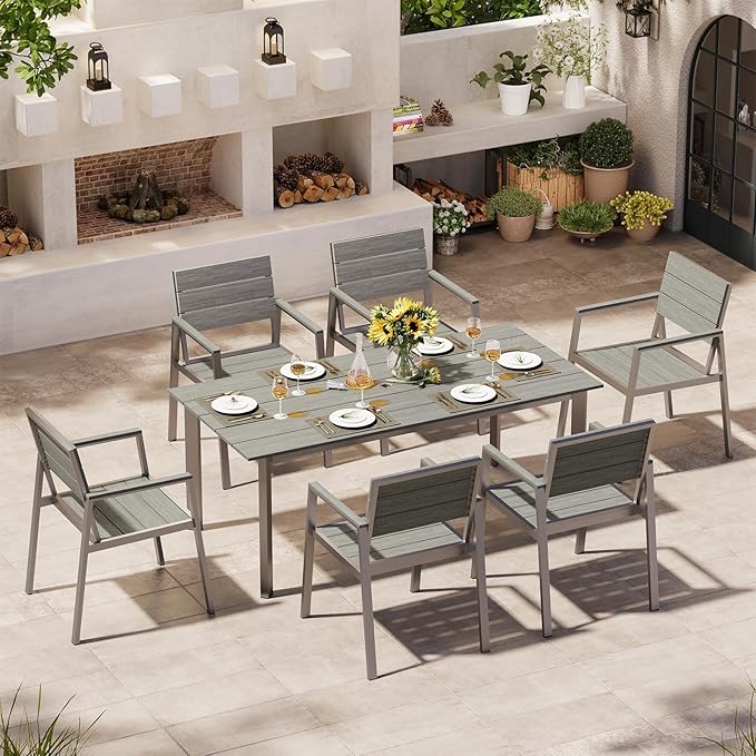 Outdoor Dining Set for 6, Patio Table and Chairs Set with Umbrella Hole, 7 Pieces HDPS + Aluminum Outdoor Furniture Sets for Patio, Garden (Gray & Teak)