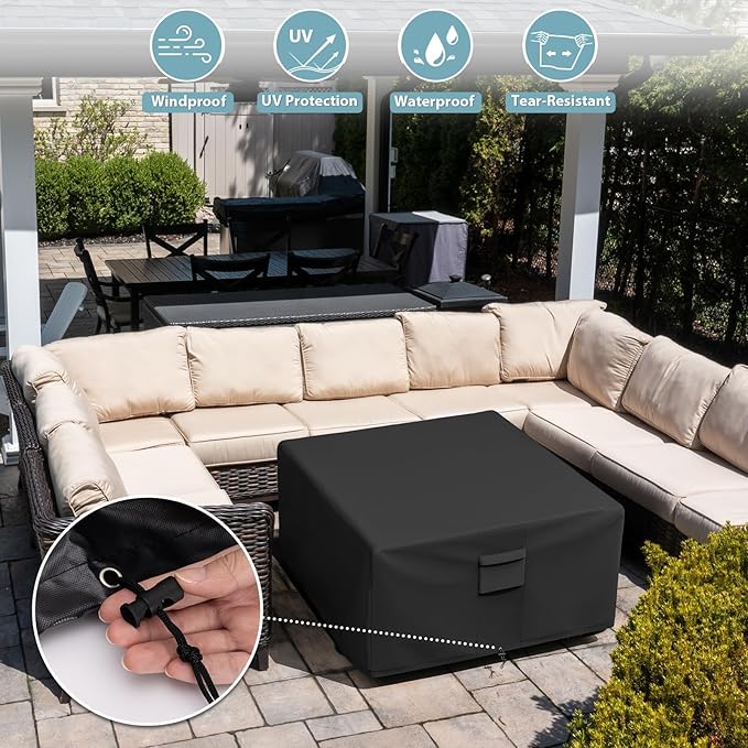 SHINESTAR Square Fire Pit Cover, Fits for 41-44 Inch Gas Fire Table, Waterproof and Windproof, 44 x 44 x 24 Inches, Black